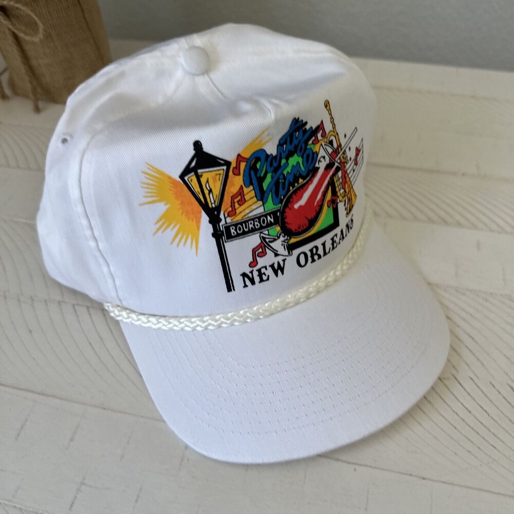 New Orleans Bourbon St Party Time White Adjustable SnapBack Hat Souvenir Vintage - Picture 7 of 11